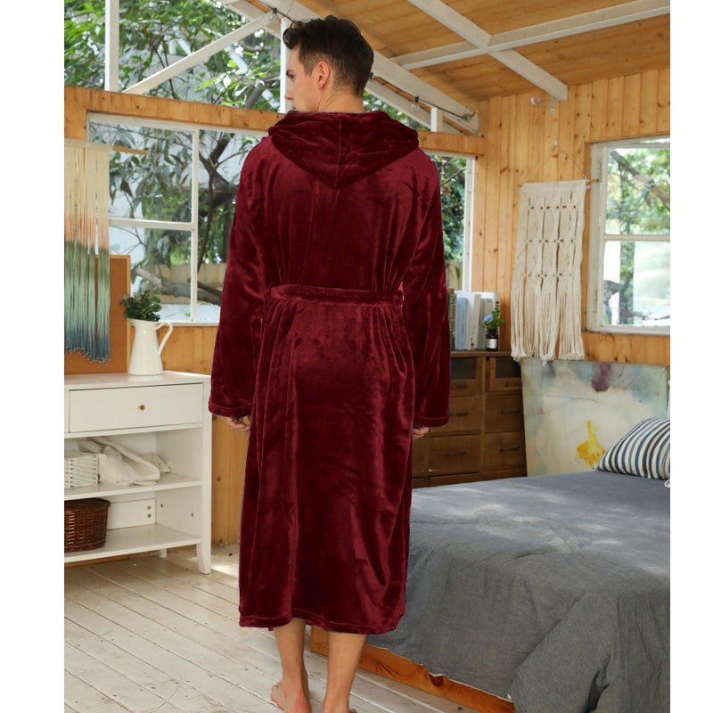 U2SKIIN Mens Fleece Hooded Robe Plush Bathrobe (Wine Red, L/XL) - Image 4